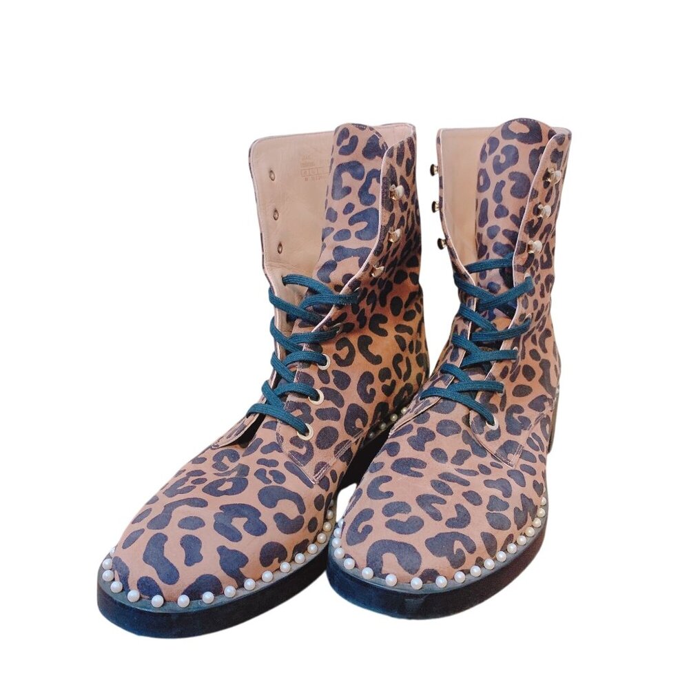 Stuart Weitzman Leopard Animal Print Lace-Up Ankle Boots Pearl Studded Trim 8